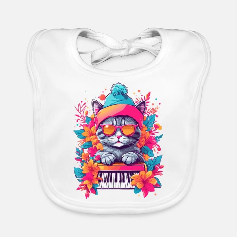 Chat mignon avec piano - Bavoir bio Bébé - blanc
