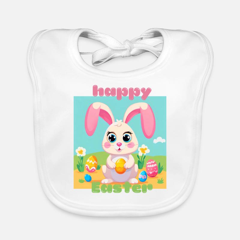 Cute Easter Bunny - Happy Easter with Eggs Kawaii Organic Baby Bibs