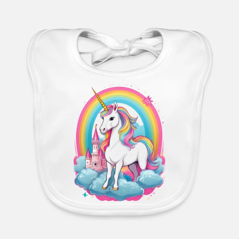 Unicorn with rainbow, clouds and pink castle Organic Baby Bibs