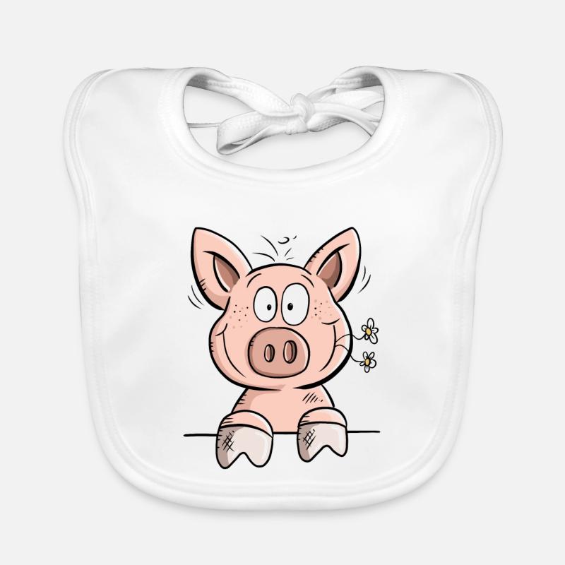 Happy Schweinchen mit Blümchen I Tiermotiv Comic - Baby Bio-Lätzchen - Weiß