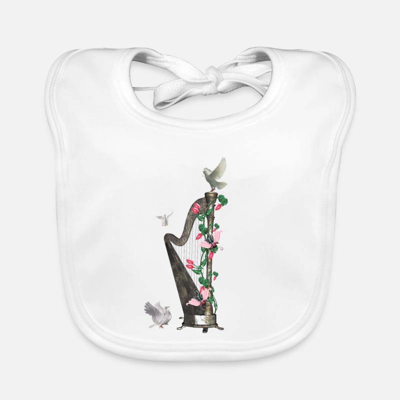 Magnifique harpe avec colombe - Bavoir bio Bébé - blanc