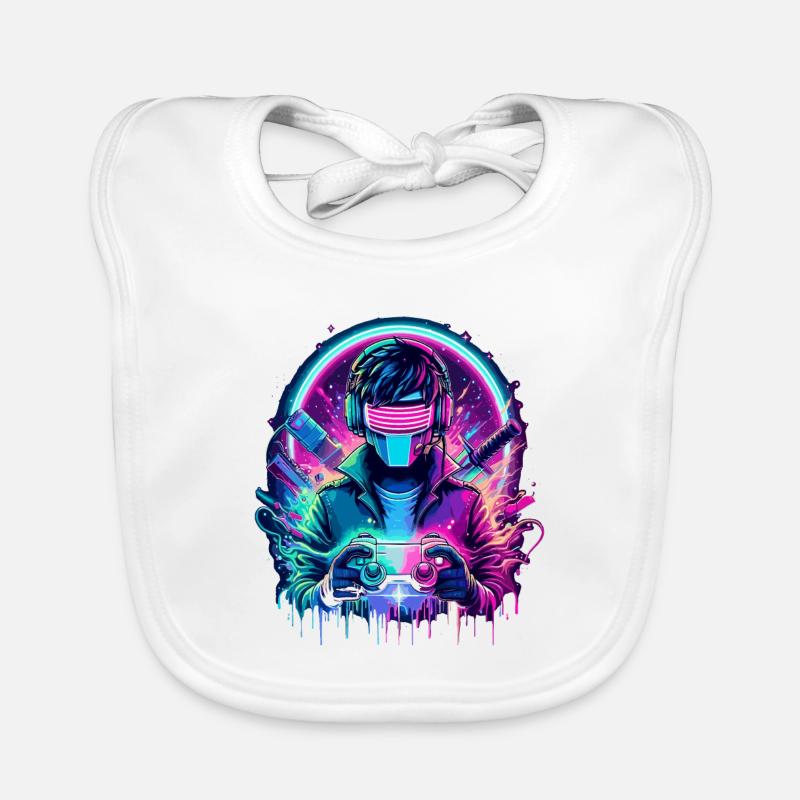 Neon Cyber Controller - Retro Gaming Power Organic Baby Bibs