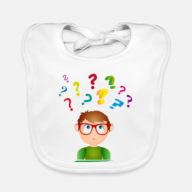 Garçon avec des lunettes avec de nombreux points d’interrogation colorés Bavoir bio Bébé
