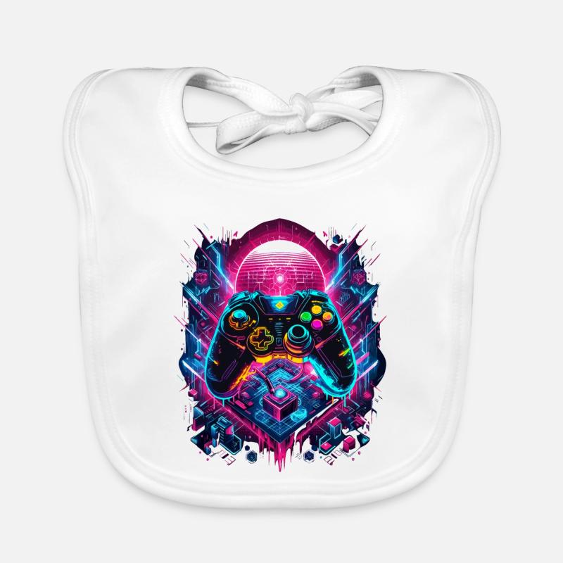 Vibrant Cyberpunk Gaming Controller Graphics Organic Baby Bibs