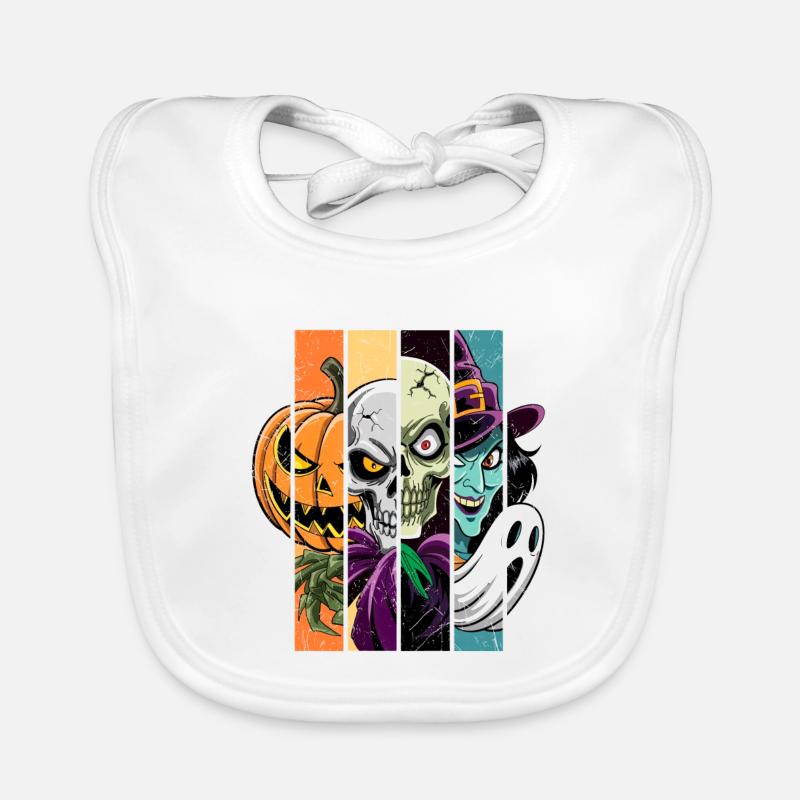 Halloween Monsters: Witch, Ghost, Skeleton, Skull. Organic Baby Bibs