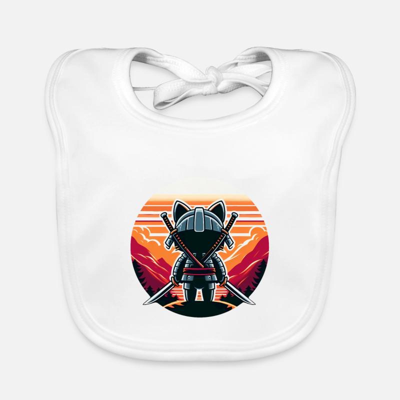 Katanas de chat samouraï regardant le coucher de soleil et les montagnes Bavoir bio Bébé