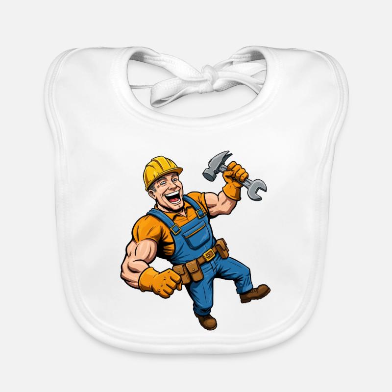 Cheerful cartoon construction worker with tools - Organic Baby Bibs - white