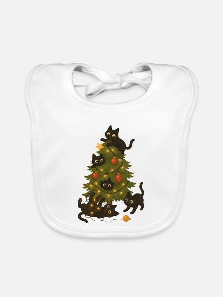 Funny Cats Playing Around Christmas Tree - Organic Baby Bibs - white - Front