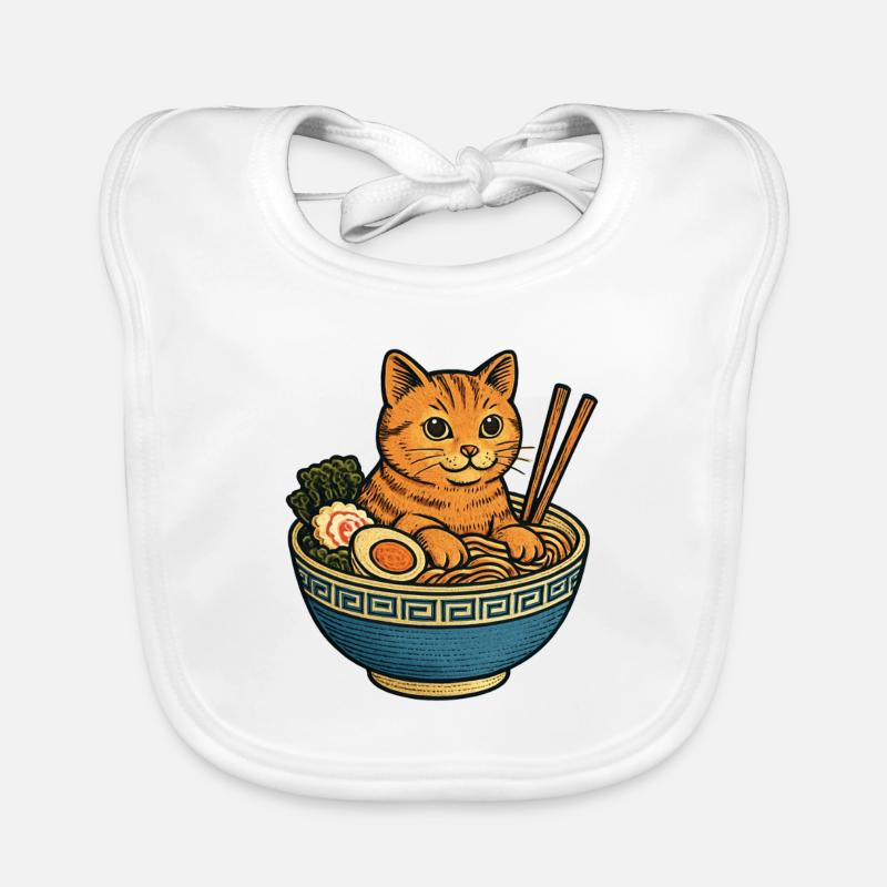Chat drôle dans un bol de ramen Soupe de nouilles chats - Bavoir bio Bébé - blanc