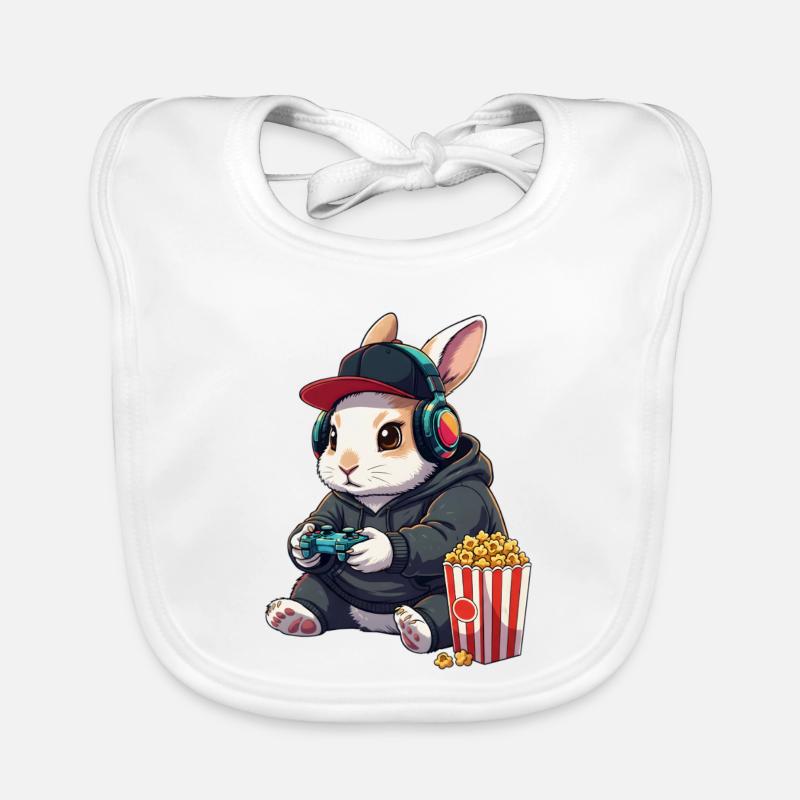 Joueur de lapin avec du popcorn - Bavoir bio Bébé - blanc
