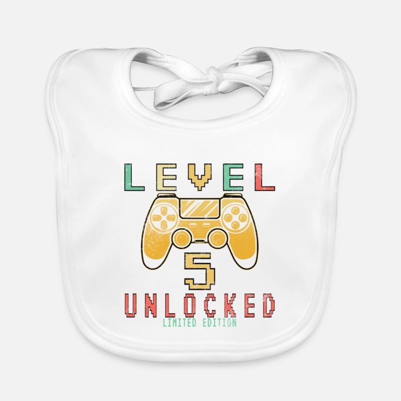 5th birthday. 5 Next Level Unlocked Organic Baby Bibs