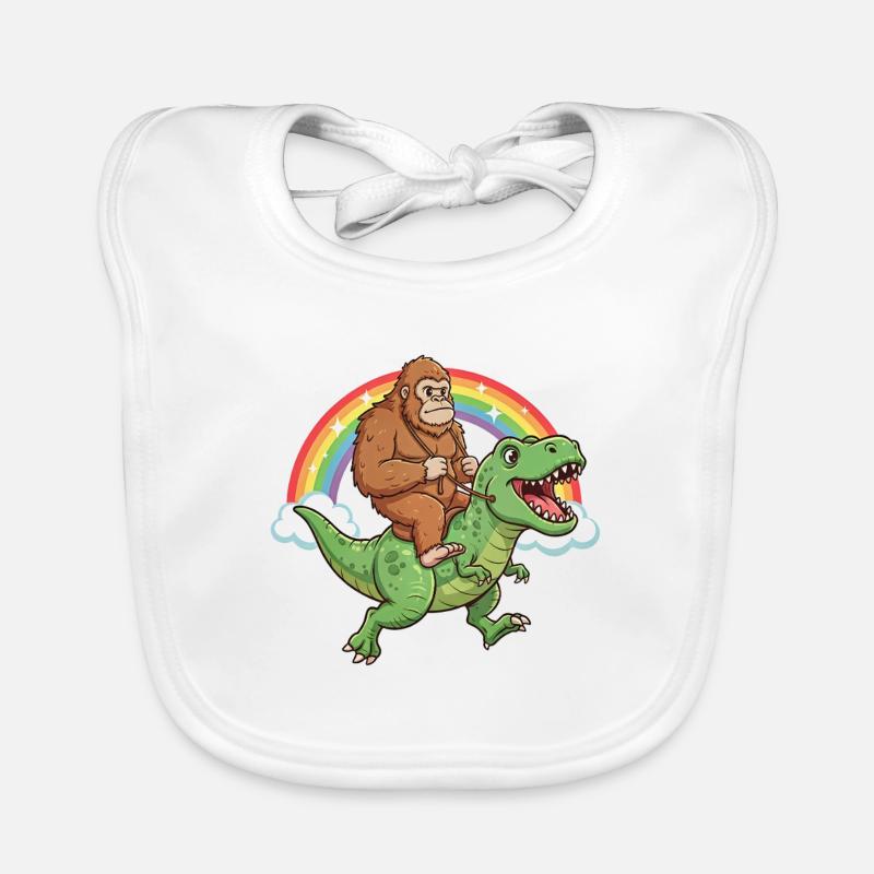 Bigfoot Riding T-Rex Dinosaur Rainbow Organic Baby Bibs