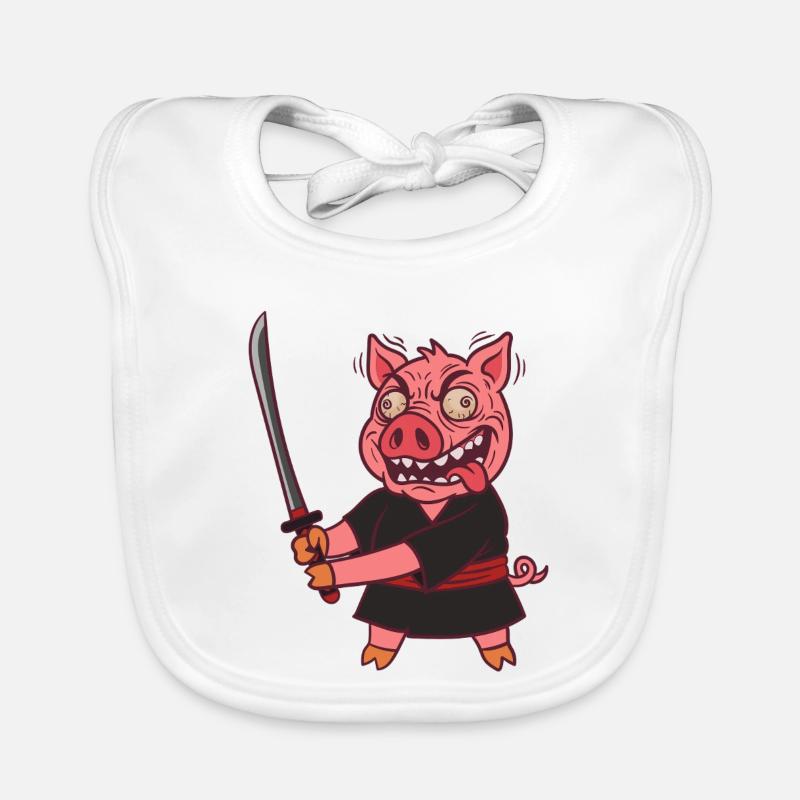 Verrücktes Samurai Schwein mit Schwert - Baby Bio-Lätzchen - Weiß
