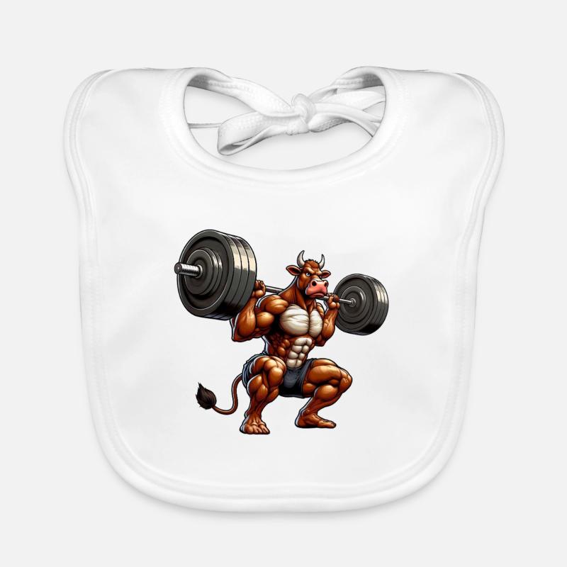 Kraftvolle Kuh Bulle Bison Fitnesstraining - Baby Bio-Lätzchen - Weiß