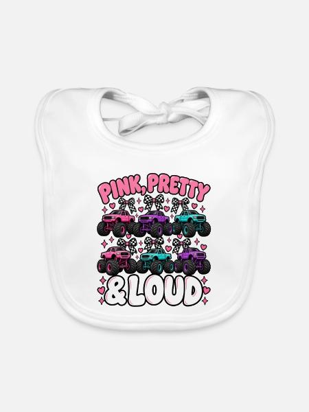 Pink Pretty & Loud Monster Trucks - Baby Bio-Lätzchen - Weiß - Vorne