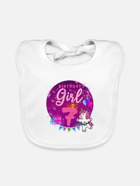 Happy Birthday Girl 7 Einhorn Siebter Geburtstag - Baby Bio-Lätzchen - Weiß - Vorne