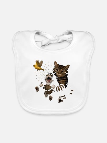 Katzen und Vogel im zerrissenen Papier - Baby Bio-Lätzchen - Weiß