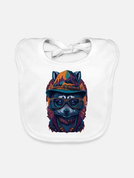 Mignon raton laveur avec chapeau et drôles de lunettes - Bavoir bio Bébé - blanc - Devant