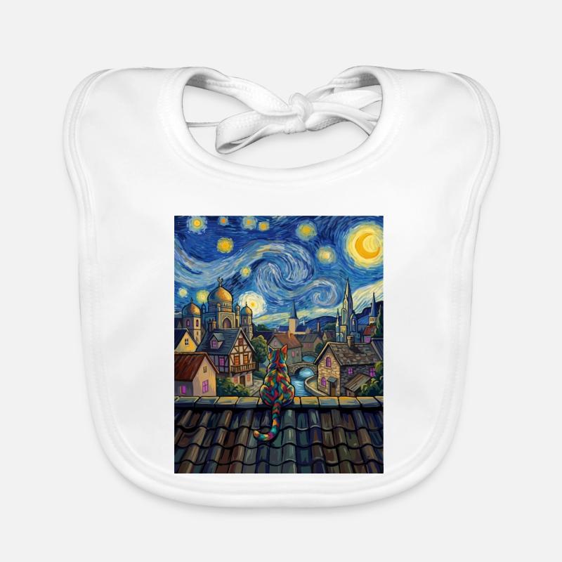 Cosmic Cat Over Moonlit City Organic Baby Bibs