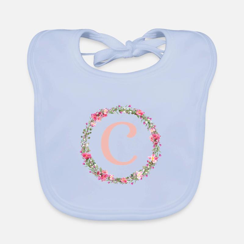 C Monogram, Flower Wreath, Personalizable Organic Baby Bibs