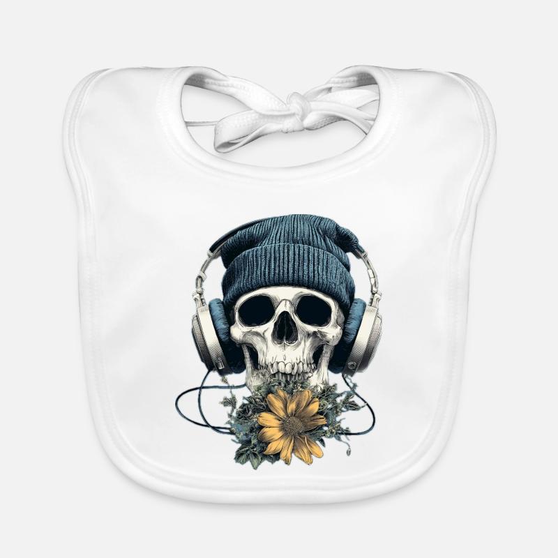 Schädel mit Kopfhörer und Blumen Baby Bio-Lätzchen