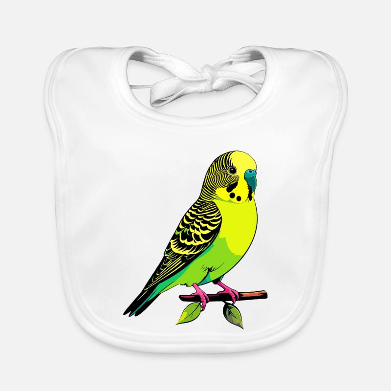 Perruche ondulée jaune-vert néon posée sur une branche Bavoir bio Bébé