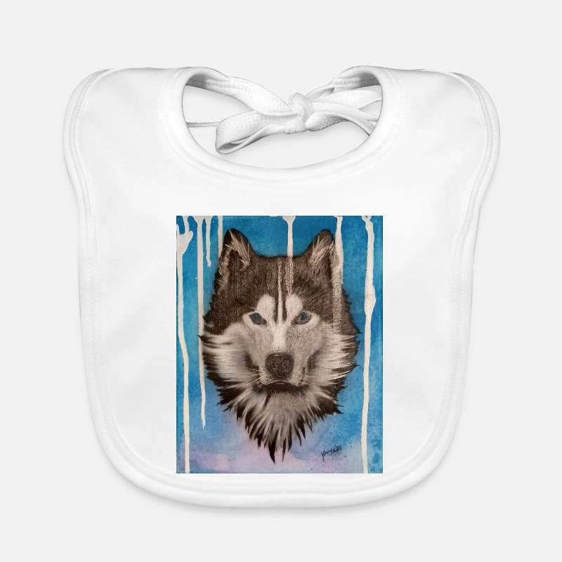 Conception aquarelle Husky - Bavoir bio Bébé - blanc