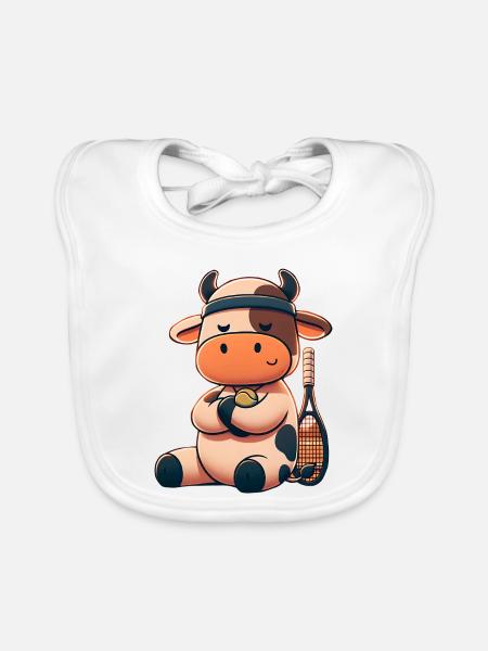 Cute tennis cow with racket and ball - Organic Baby Bibs - white - Front