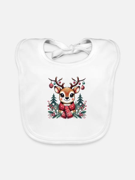 Renne avec écharpe – T-shirt de Noël festif - Bavoir bio Bébé - blanc - Devant