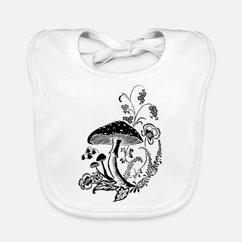 Toadstool entwined with flowers - Organic Baby Bibs - white