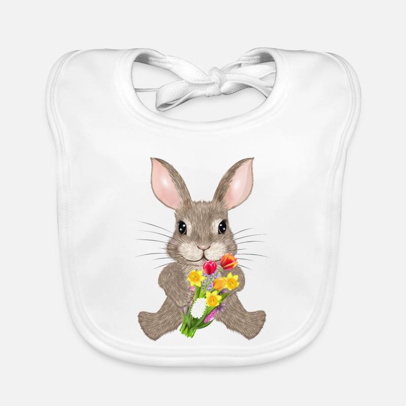 Lapin brun avec bouquet de fleurs printanières Bavoir bio Bébé