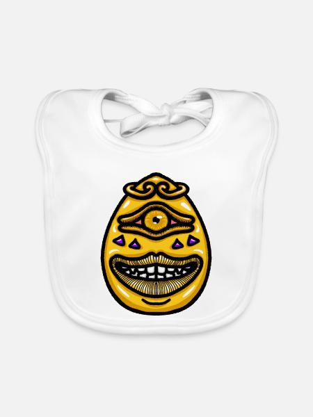 Lächelndes, einäugiges Golden Egg Monster Cartoon-Maskottchen - Baby Bio-Lätzchen - Weiß