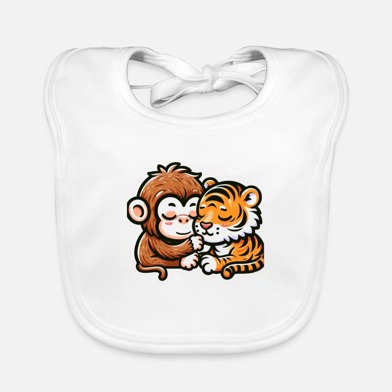 Cuddling Monkey And Tiger In Love Organic Baby Bibs