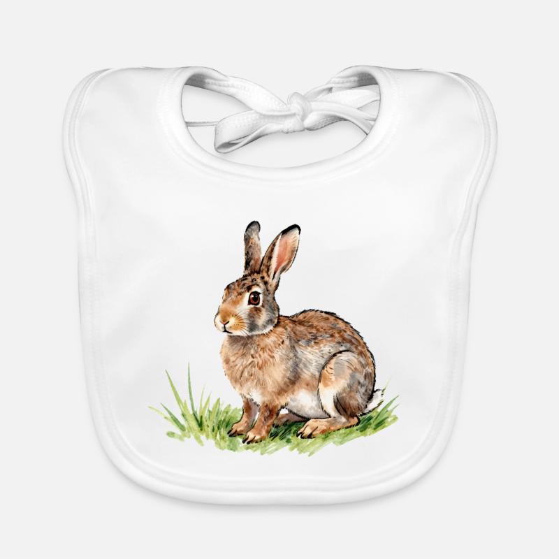 Lièvre Aquarelle dans l'herbe - Bavoir bio Bébé - blanc