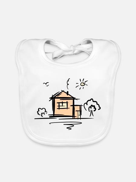 Maison avec arbres et soleil. Dessin. Gribouiller. - Bavoir bio Bébé - blanc - Devant
