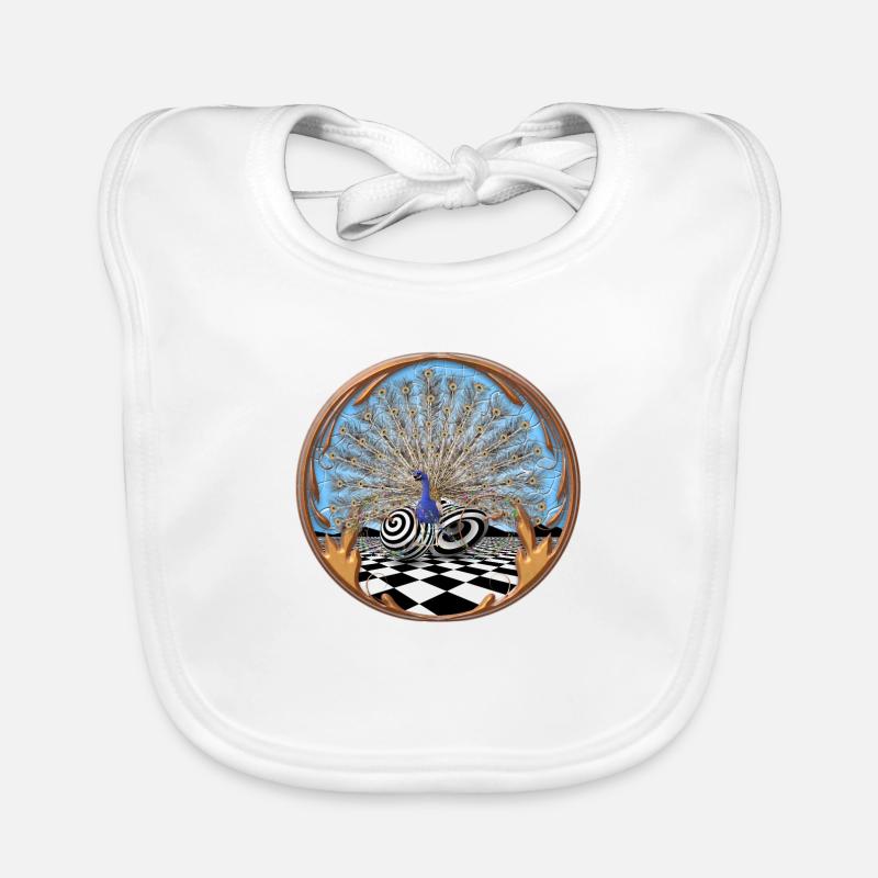 Pfau vor abstraktem Hintergrund mit Unendlichkeit Baby Bio-Lätzchen