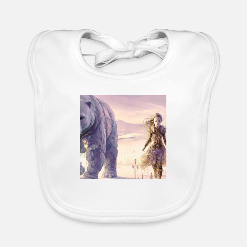 Mädchen in einer verschneiten Gegend neben einem Eisbären Baby Bio-Lätzchen