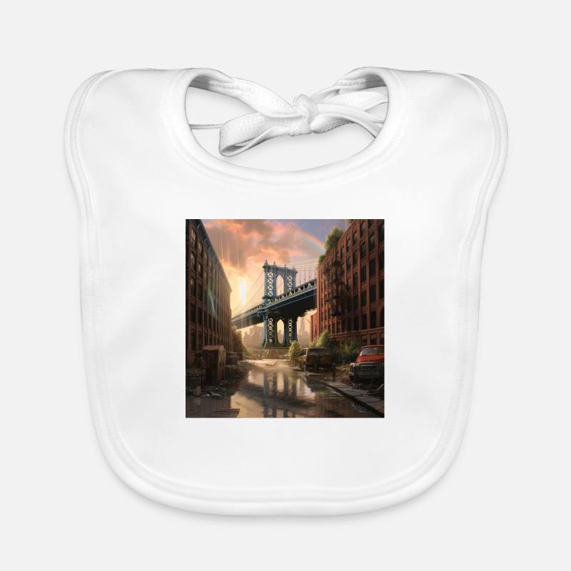 Le pont de Brooklyn sous la pluie au coucher du soleil - Bavoir bio Bébé - blanc