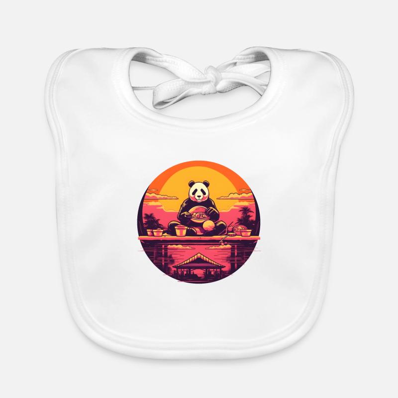 Synthwave mangeant Panda Japon Coucher de soleil Bavoir bio Bébé