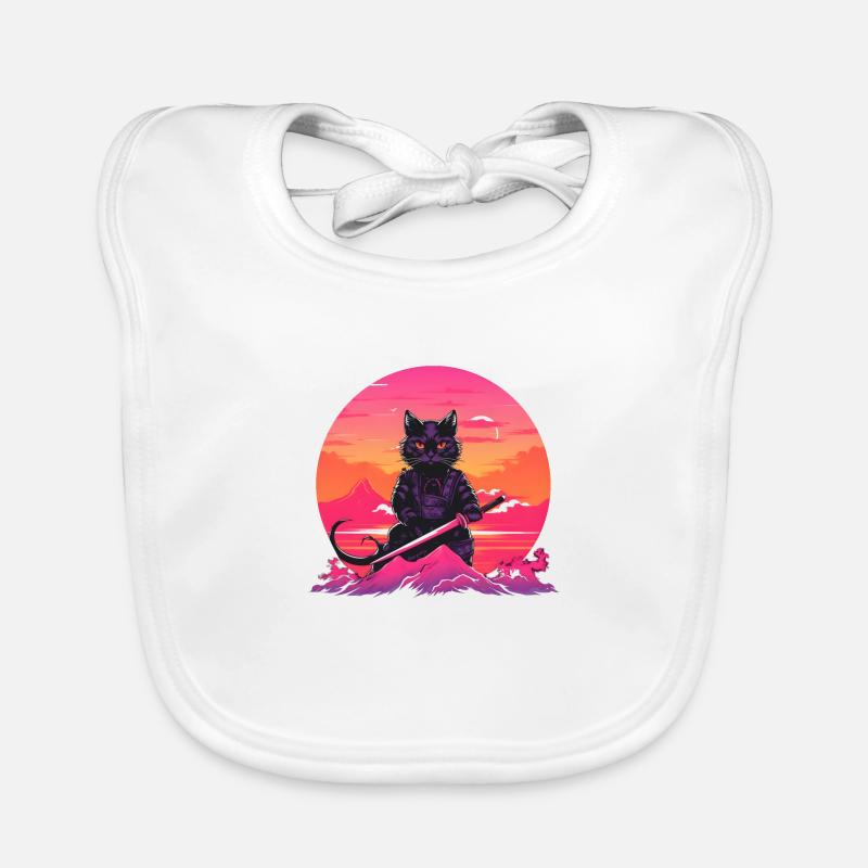 Synthwave samurai Cat with katana - Baby Bio-Lätzchen - Weiß