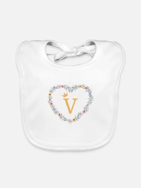 Buchstabe V, Monogramm, Herz, personalisierbar - Baby Bio-Lätzchen - Weiß - Vorne