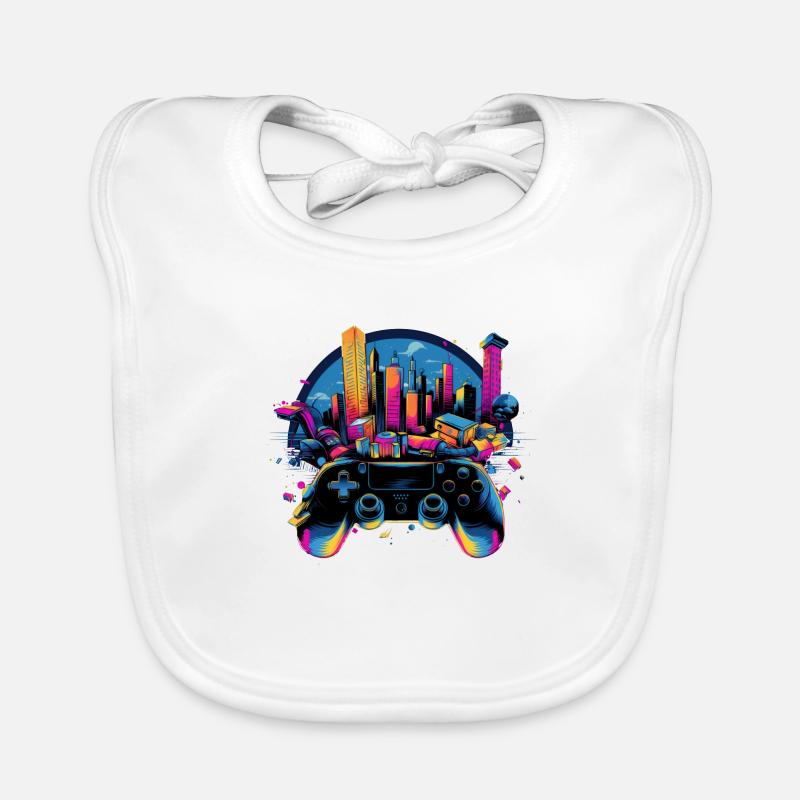 Gaming Universe: Controller & Cityscape Art Baby Bio-Lätzchen