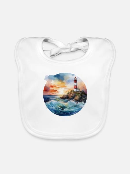 Phare majestueux au coucher du soleil avec des vagues déferlantes - Bavoir bio Bébé - blanc - Devant