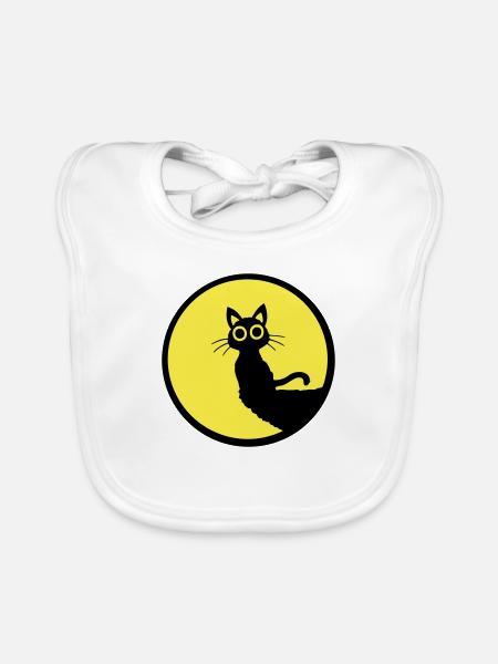 Cat Cute Moon Round Cliff Mountain Night Big Eyes - Organic Baby Bibs - white - Front