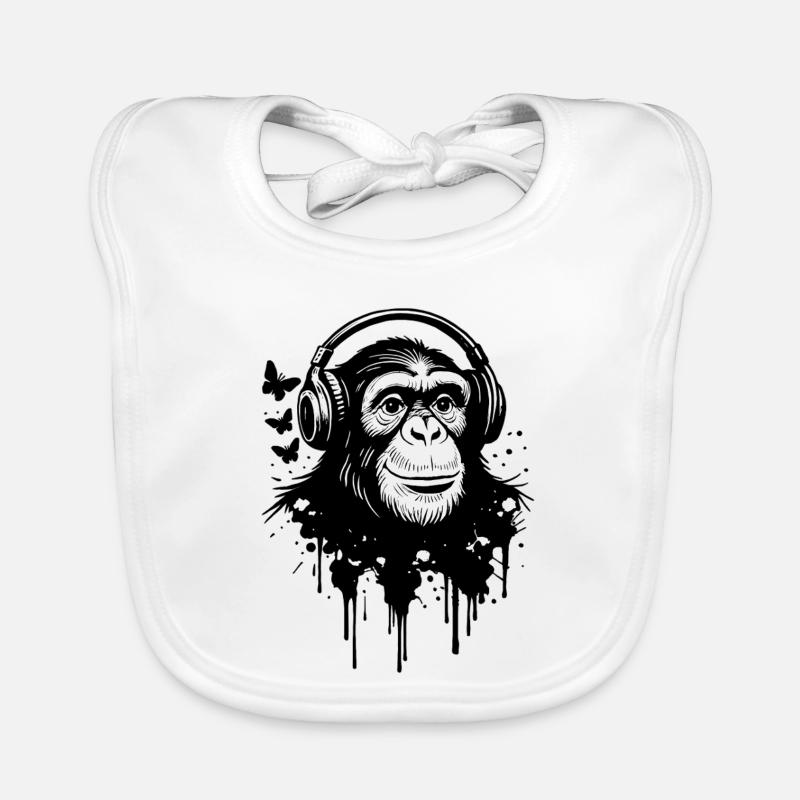 Écouter de la musique, singe avec des écouteurs Bavoir bio Bébé