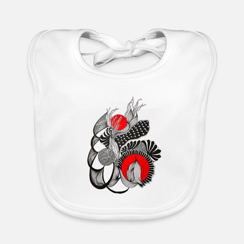 Monochrome flower circles with red - Organic Baby Bibs - white