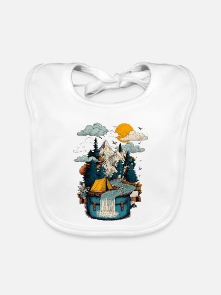 Mountain Lake Path - Camping Backpacker Motif - Organic Baby Bibs - white - Front