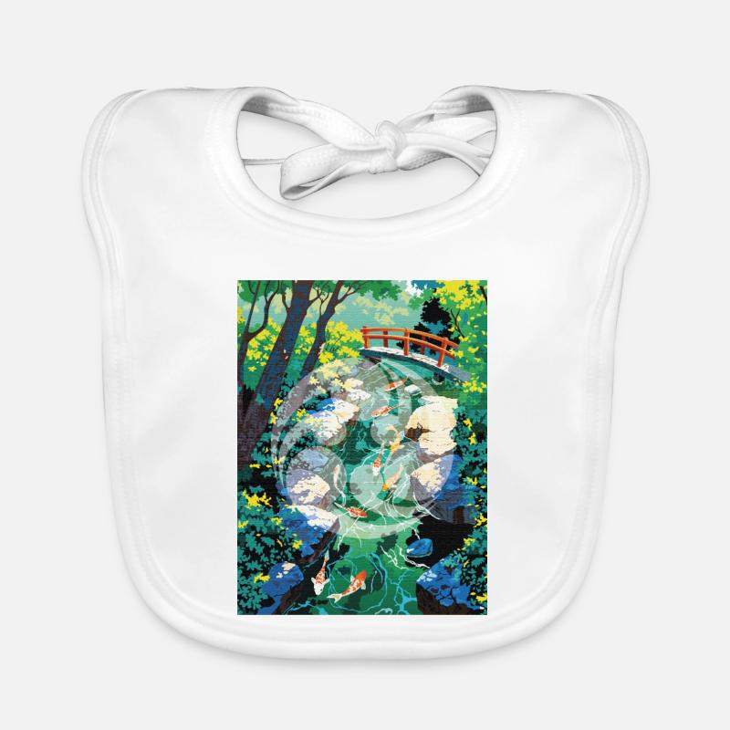 Japanische Koi-Flusslandschaft mit Kamon-Design - Baby Bio-Lätzchen - Weiß