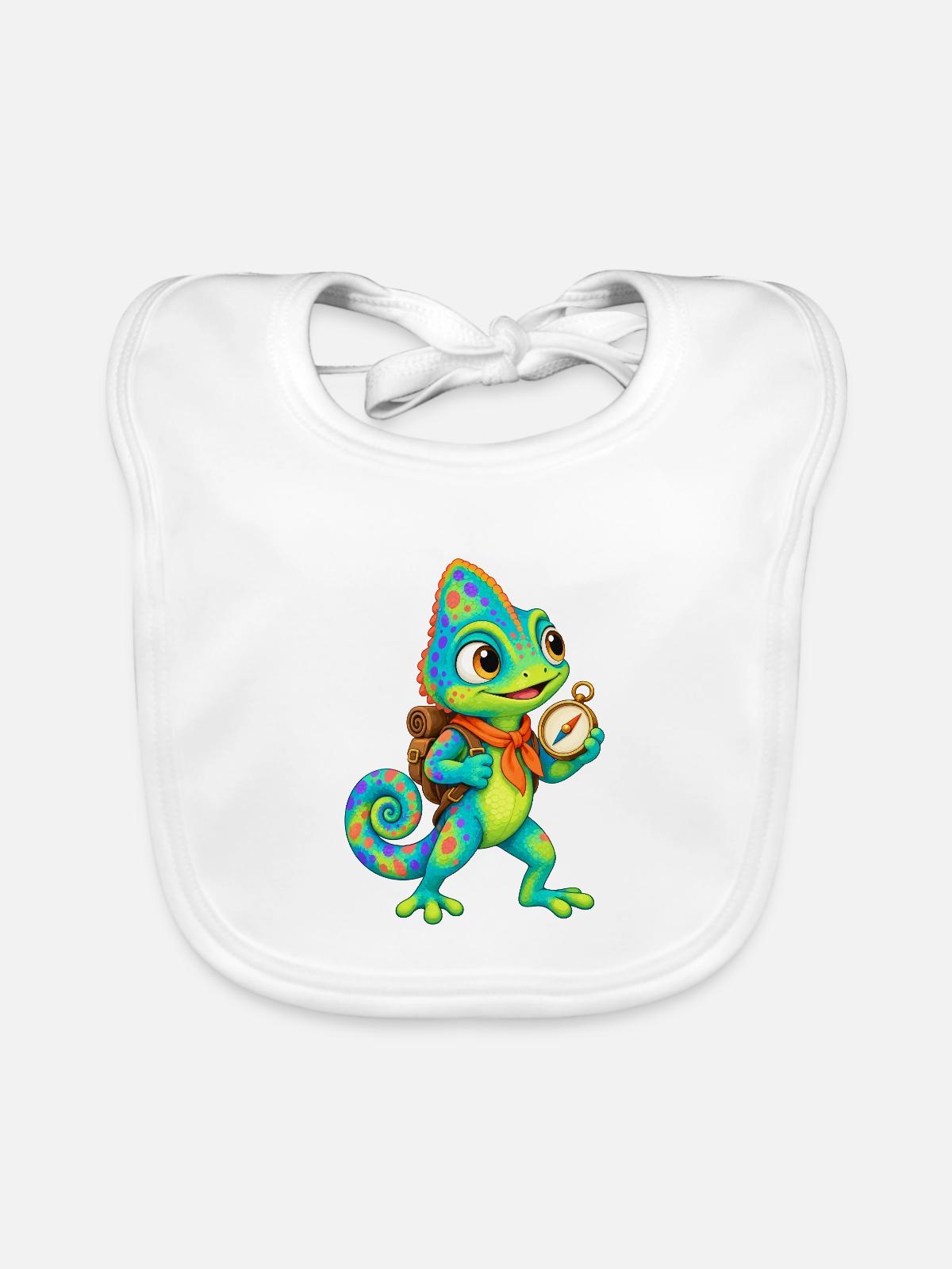 Kompass-Chamäleon mit Rucksack - Baby Bio-Lätzchen - Weiß - Vorne