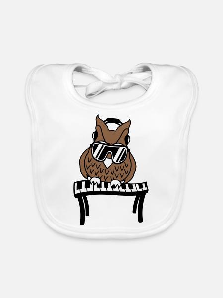 DJ hibou oiseau de nuit piano clavier jeu de touches - Bavoir bio Bébé - blanc - Devant